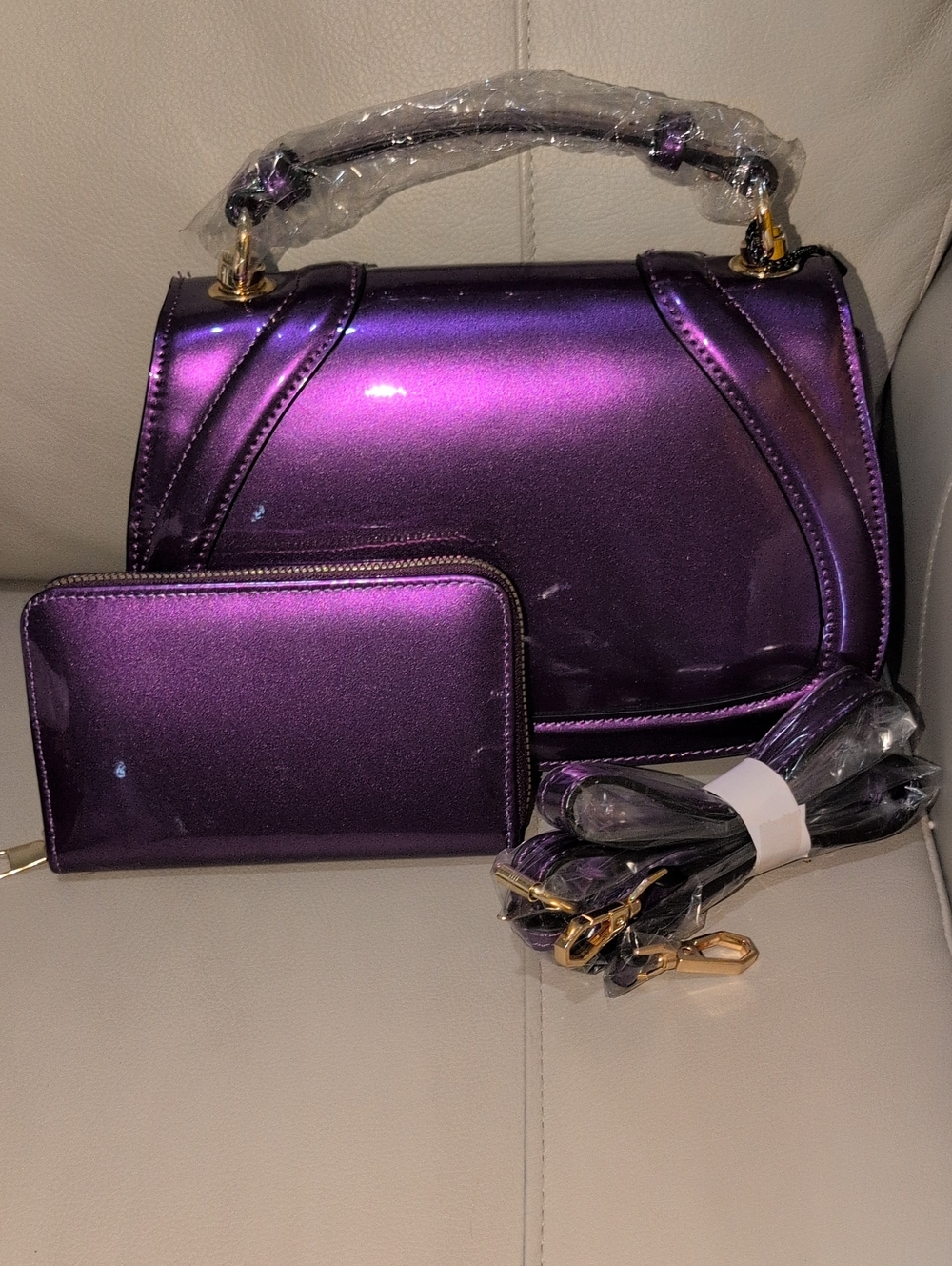 Metallic Purple Top-Handle Satchel with Crossbody And Matching Wallet! NWT